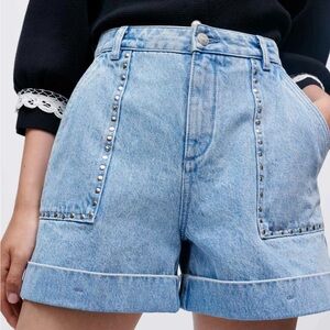 Maje Light Blue Studded Jean Shorts
